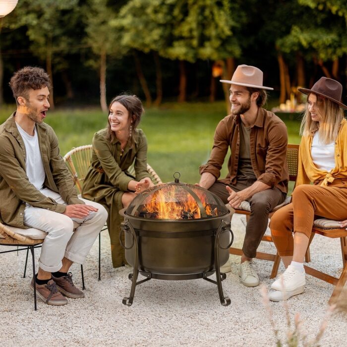 Outdoor Fire Pit Grill Portable Steel Burning Bowl Cooking Grate with Spark Screen Lid for Patio, Multifunction Picnics Stove