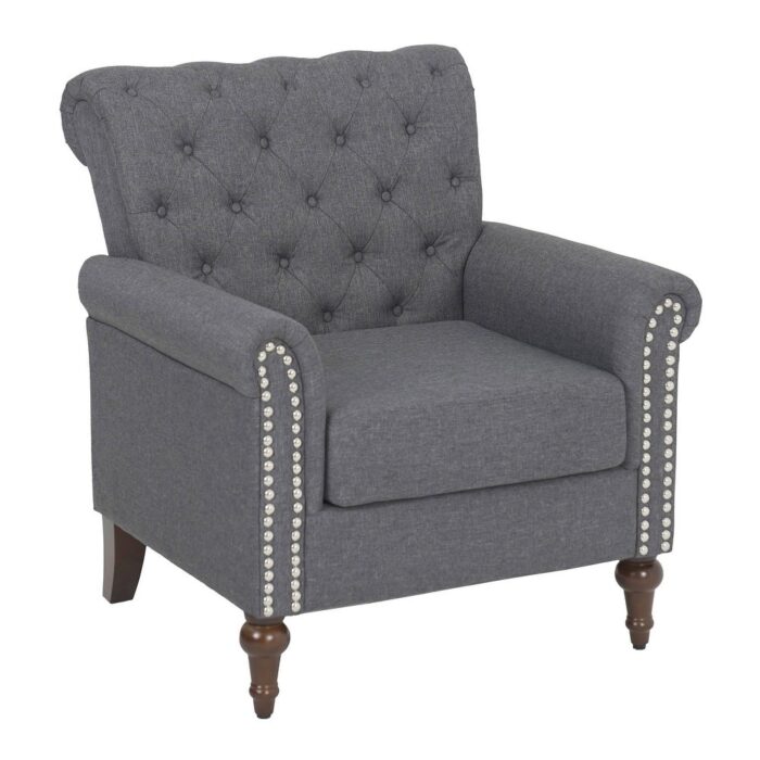 Mid Century Tufted Accent Chair with Arms Nailhead Design Linen Sofa Chair with Wood Legs - Image 2