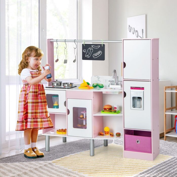 2-in-1 Double-sided Kids Kitchen and Market with Realistic Light and Sound-Pink - 40” x 16” x 39.5” (L x W x H) - Image 2