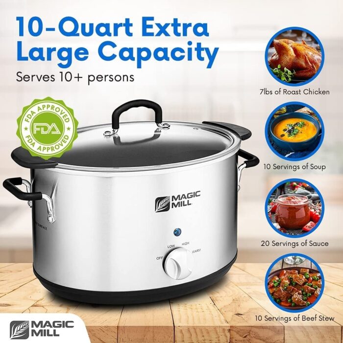 Extra-Large 10 Quart Slow Cooker With Metal Searing Pot ; Transparent Tempered Glass Lid Multipurpose Lightweight Slow Cookers - Image 2