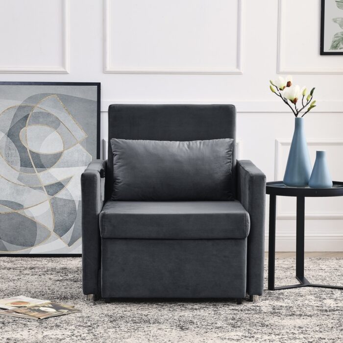 Grey Sofa Chair Bed w/ 2-in-1 Chaise Lounges Sleeper Chair, Pillow