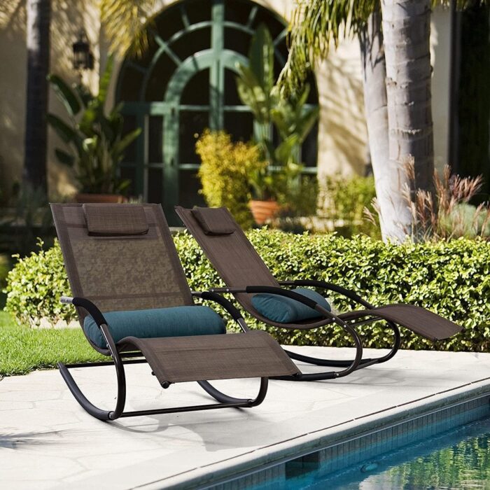 Outdoor Chaise Lounge Steel Curved Patio Rocking Lounge Chair with Detachable Pillow (Set of 2) - 56.3x24.8x35