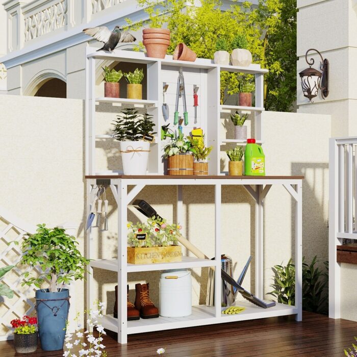 64.6" Large Outdoor Potting Bench, Garden Potting Table, Wood Workstation
