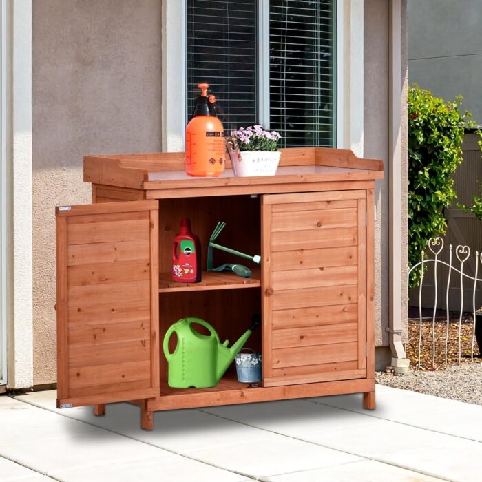 39" Wood Garden Potting Table with 2 Tier Shelves and Side Hook - Image 2
