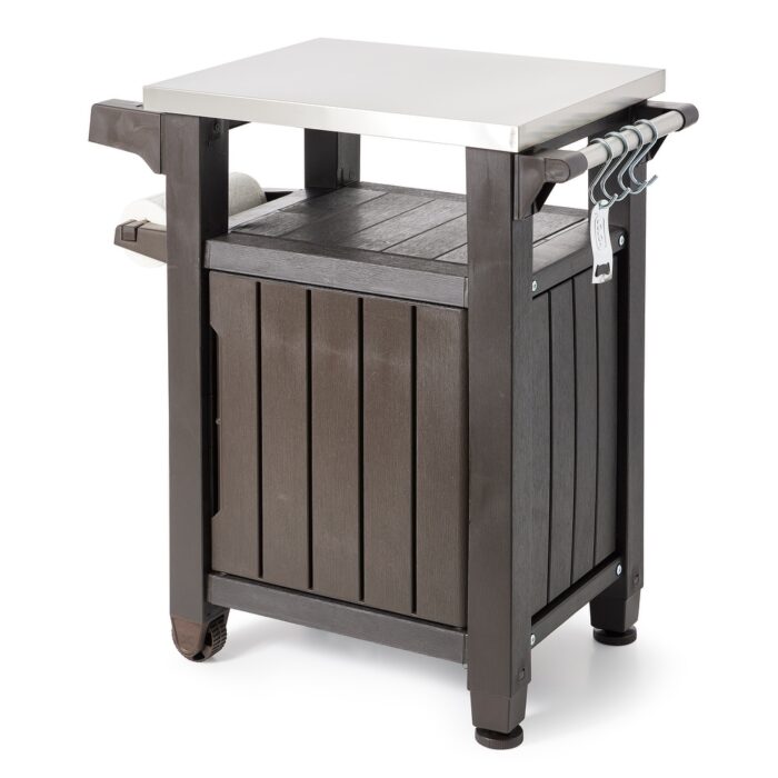 Keter Unity 40 Gal Patio Storage Grilling Bar Cart w/ Stainless Steel Top, Brown - 38.7
