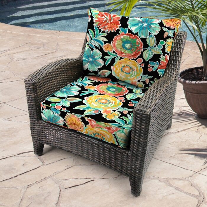 24" x 47" Black Floral Outdoor Deep Seat Chair Cushion Set - Image 2