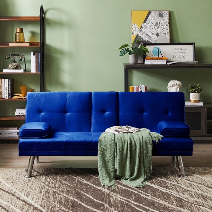 Convertible Blue Futon Loveseat Bed Folding Loveseat Sleeper - Image 2