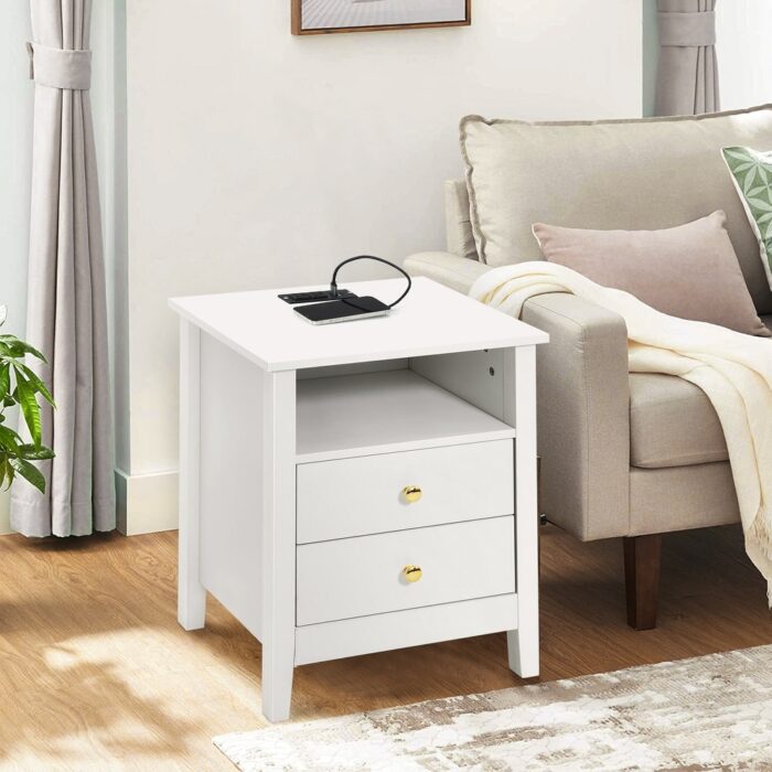 Nightstand Set of 2 with Charging Station End Side Table with 2 Drawers with USB Ports and Outlets Bedside Bed - Image 2