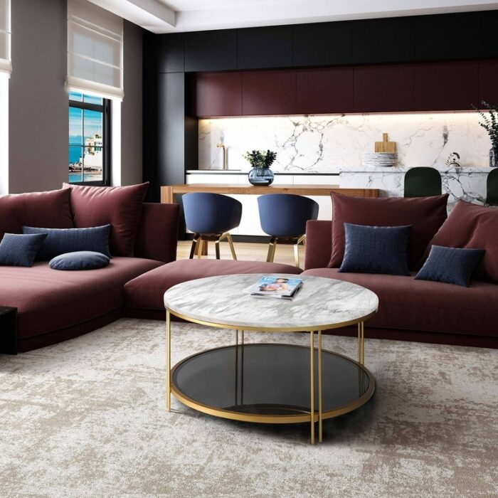 Modern Glam 36" Round Modern Cocktail Coffee Table Storage Shelf with 4 Gold Cross Legs Faux Marble Veneer
