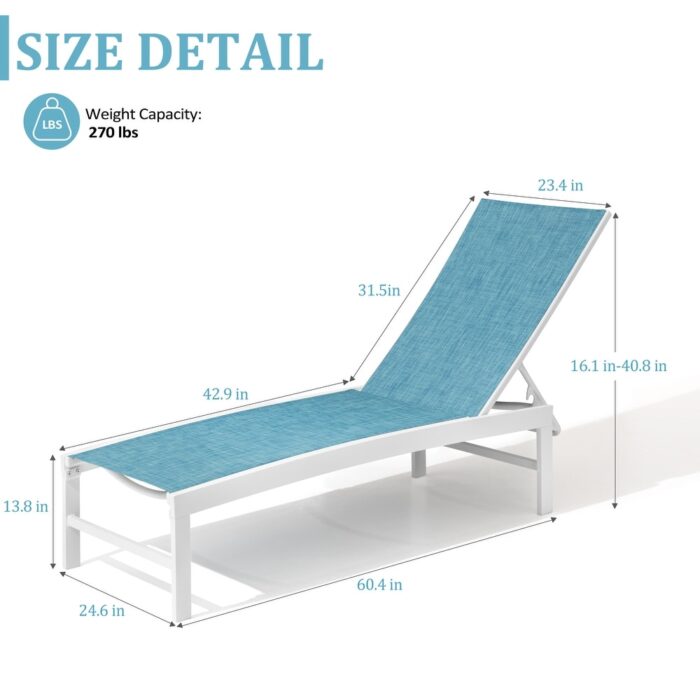 VredHom Aluminum Adjustable Outdoor Chaise Lounge Chair - 60.4 in L * 24.6 in W * 16.1/40.8 in H - Image 2