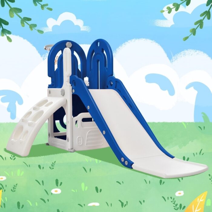 4 in 1 Kids Playground Freestanding Climber and Slide Set, with Basketball Hoop Playset Combination for Outdoor