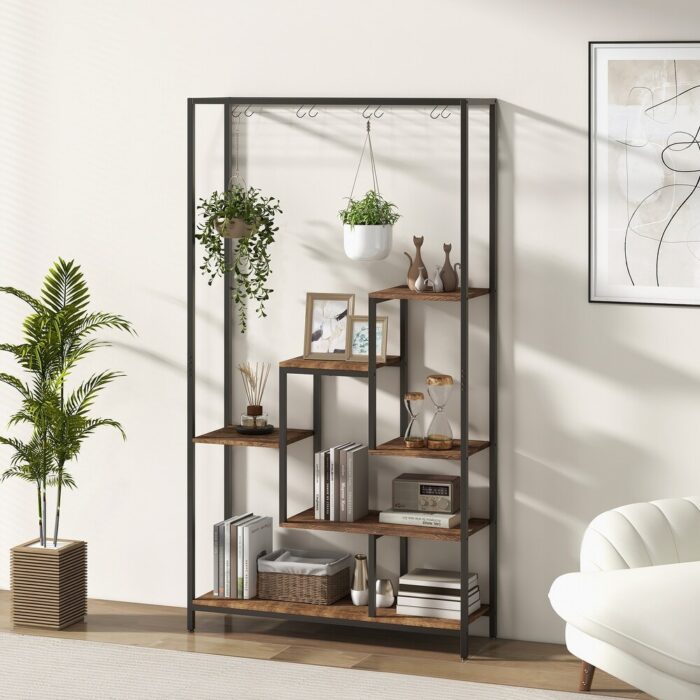 6-Tier Tall Plant Stand 71" Metal Indoor Plant Shelf with 10 Hanging Hooks - 40" x 12" x 71" - Image 2