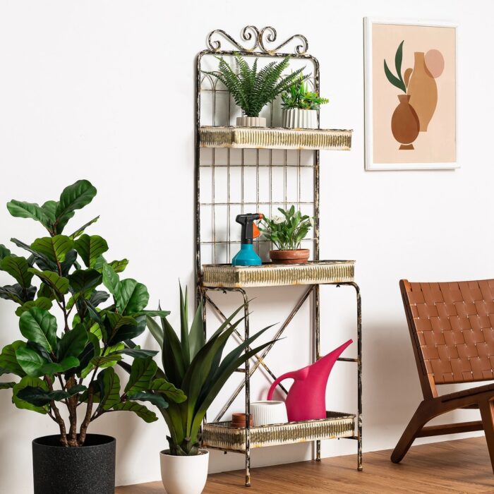 Glitzhome Farmhouse 3 Tier Metal Plant Stands Outdoor Shelving Planter with Trellis - Image 2