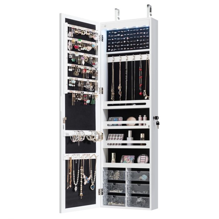LED Mirror Jewelry Armoire Wall Door Mounted