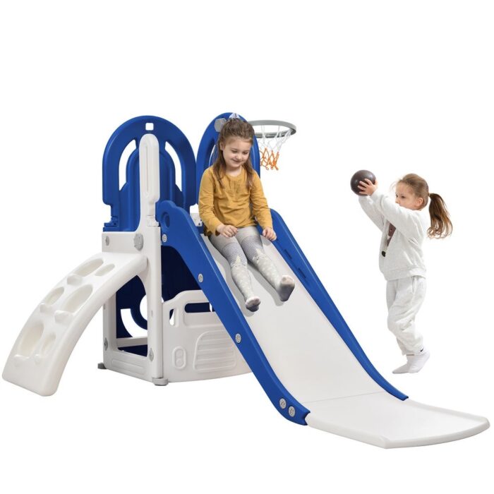 4-in-1 Kids Slide with Climber, Basketball Hoop and Storage Space, Freestanding Outdoor Indoor Slide Playset