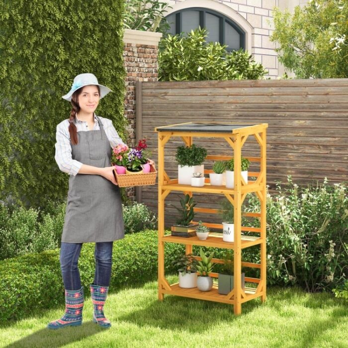 3-Tier Wooden Plant Stand with Weatherproof Asphalt Roof for Patio - 27.5" x 19.5" x 54" - Image 2