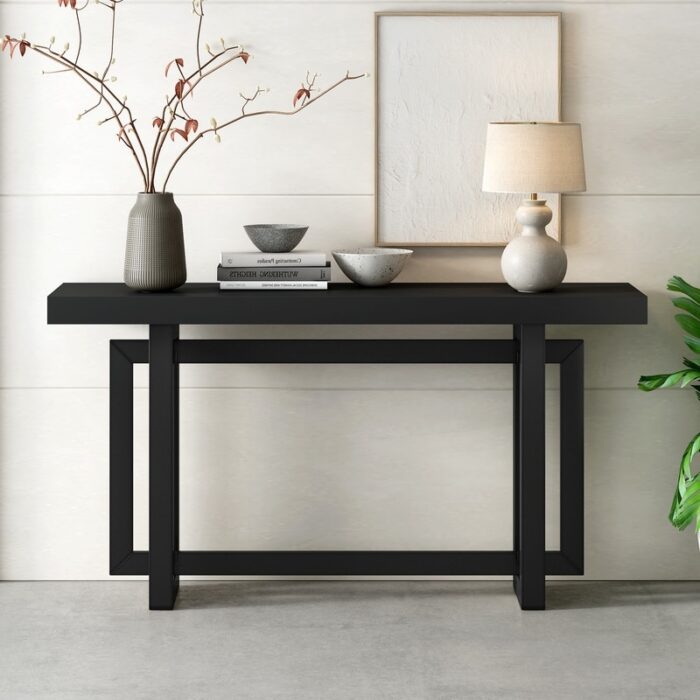 Modern Console Table Sofa Table with Industrial-Inspired Concrete Top, 59'' Long Solid Wood Accent Entryway Table for Hallway - Image 2