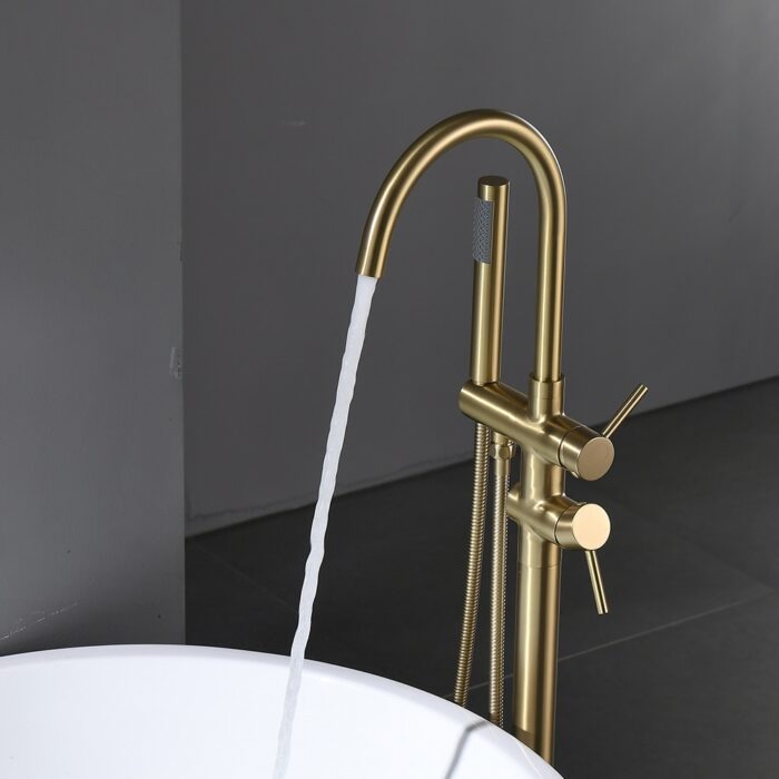Freestanding Brushed Gold Tub Filler Bathtub Faucet with Handheld Shower