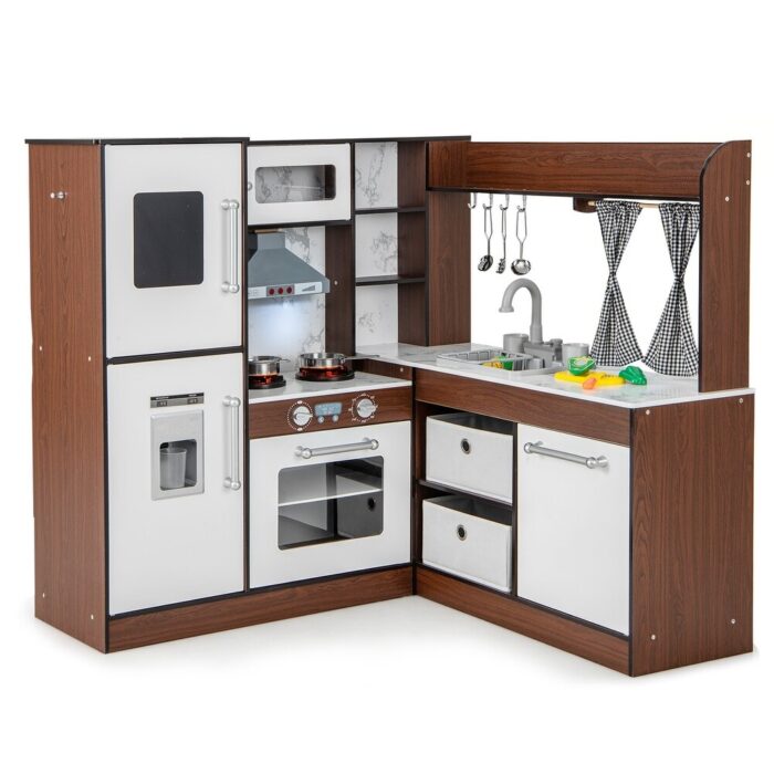 Wooden Corner Play Kitchen with Water Circulation System and Lights-Brown - 40" x 35" x 38" - Image 2