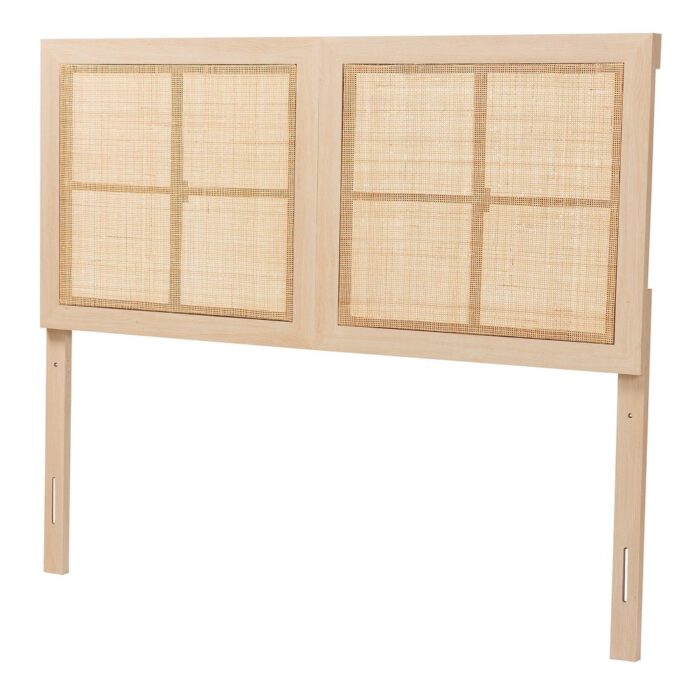 Oline Modern Bohemian Light Brown Finished Wood and Natural Rattan Queen Size Headboard - Image 2