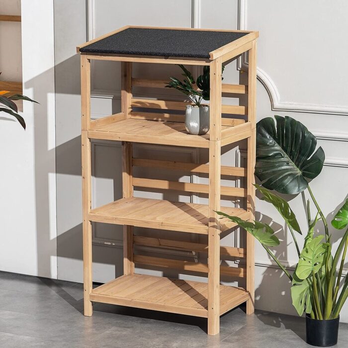 Mcombo Outdoor Wood Garden Shelf with Roof, 3 Tier Wooden Ladder Shelf Plant Stand for Patio, Garden, and Balcony - N/A - Image 2