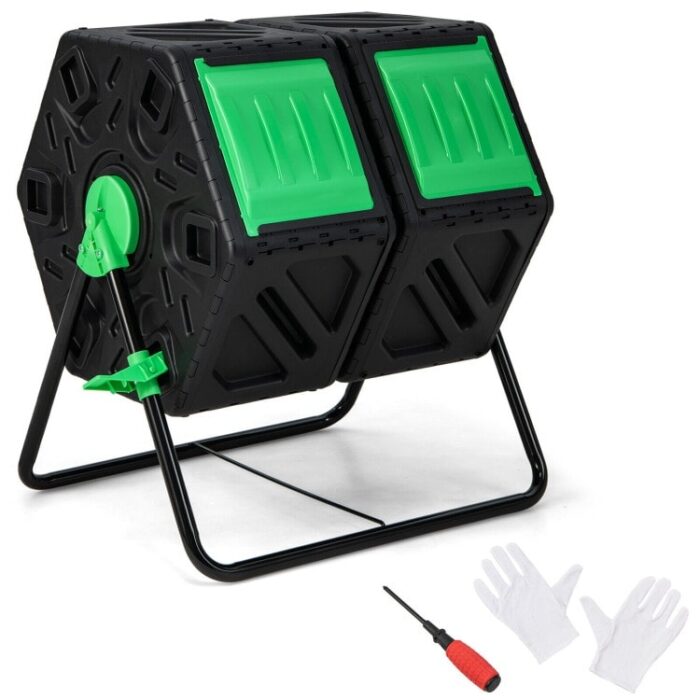 Dual Chamber Garden Compost Tumbler with Sliding Doors-Black & Green - 25.5" x 23.5" x 29"