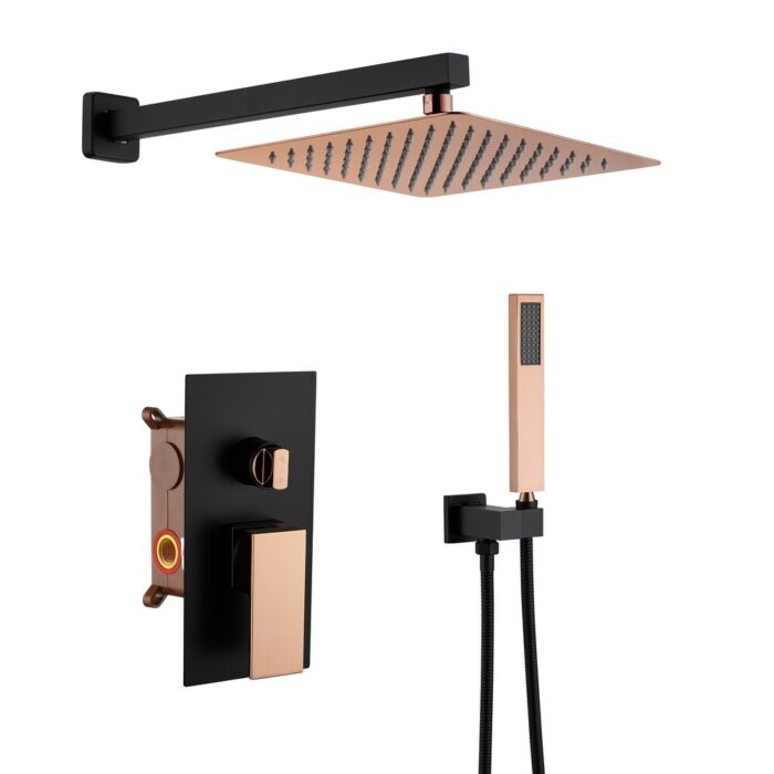 High Pressure 10 Inch Square Shower System with Rough-in Valve in Rose Gold and Black