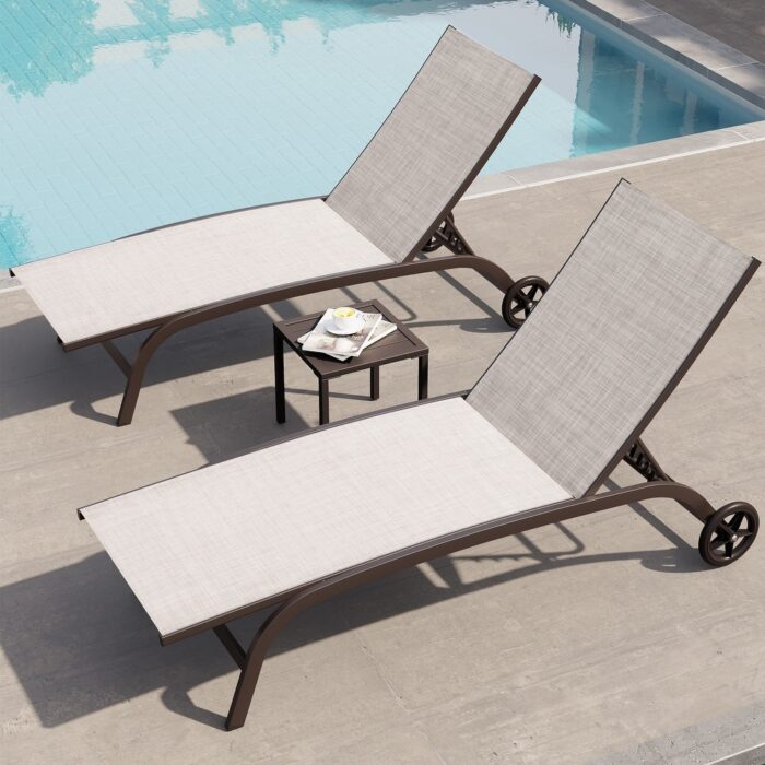 Outdoor Chaise Lounges and Side Table, Patio Lounger with Wheels 3-Piece Set - See Picture