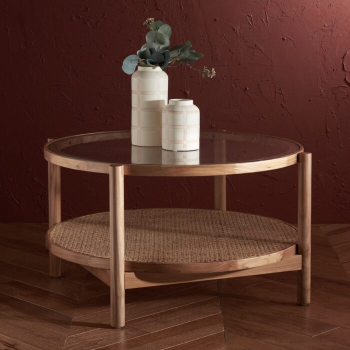 SAFAVIEH Couture Karyna 2-Tier Rattan/Glass Coffee Table - 35 in. W x 35 in. D x 18 in. H
