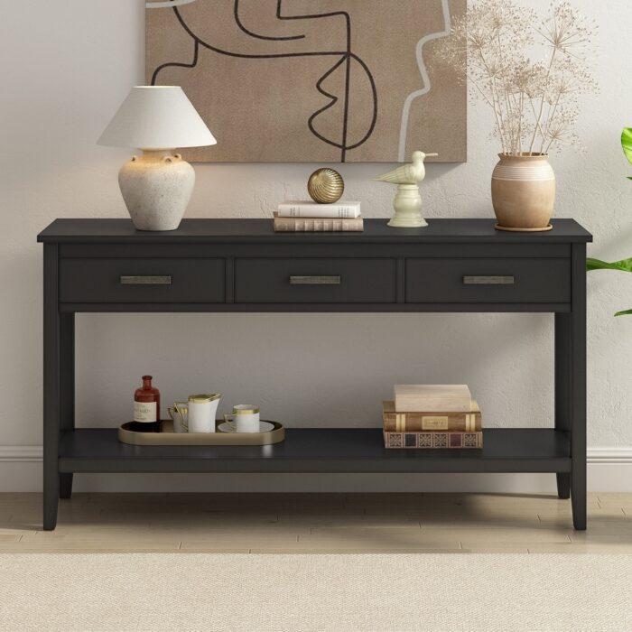 Vintage Style 3-Drawer 1-Shelf Console Table, Classic Entrance Display Table Entryway Table, Storage Sofa Table - Image 2