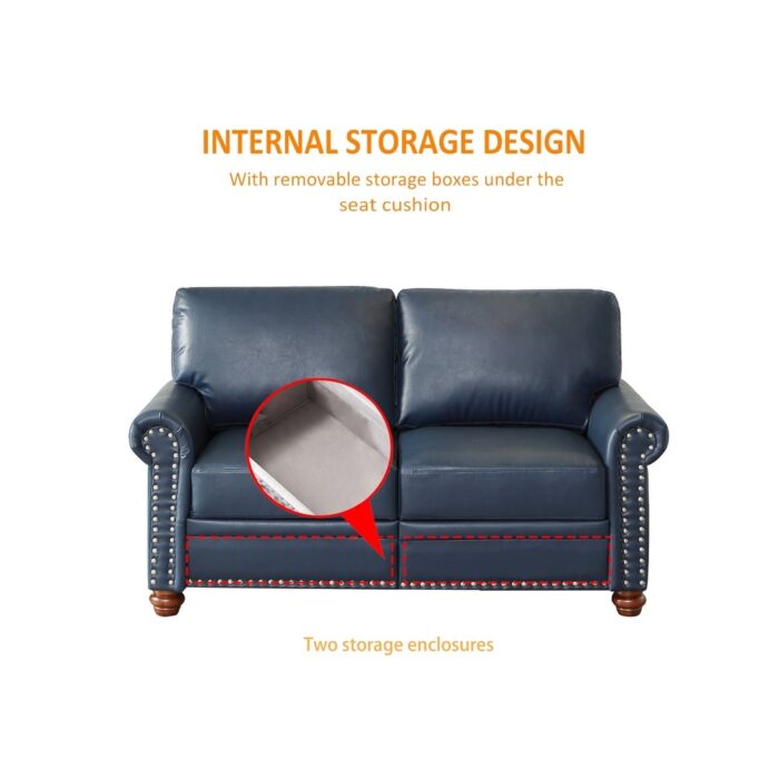 Leather Lounge Sofa Nailhead Rolled Arms Recliner with Storage - Image 2