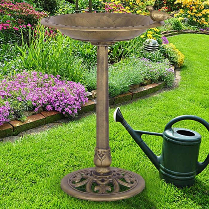 Gold Freestanding Pedestal Bird Bath Feeder