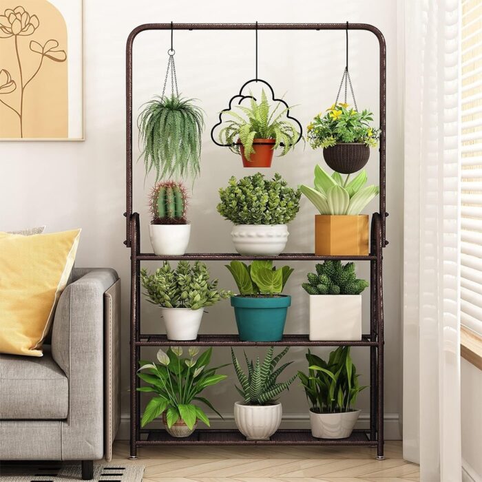 3 Tier Indoor Outdoor Tall Corner Hanging Metal Plant Shelf - Image 2