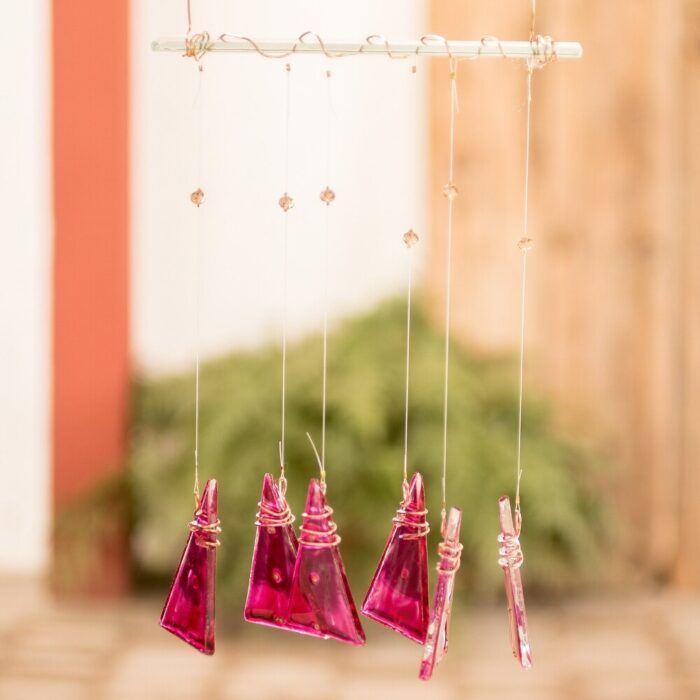 Novica Handmade Pink Peaks Recycled Glass Windchime - Image 2