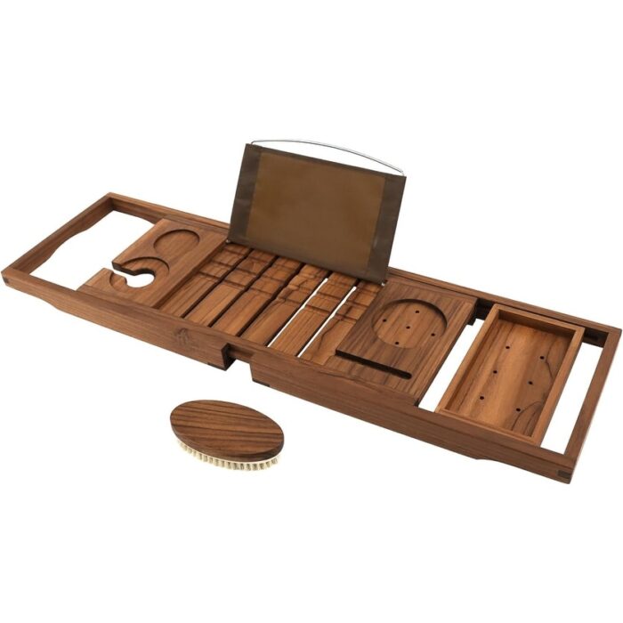 Teak Bathtub Tray, Expandable Wooden Bath Tray for Tub with Wine and Book Holder, Solid Bathroom Caddy with Free Teak Body Brush