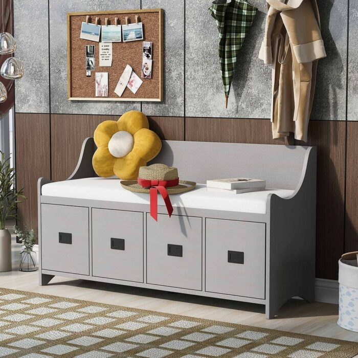 Removable Cushion Storage Bench with Drawers and Backrests