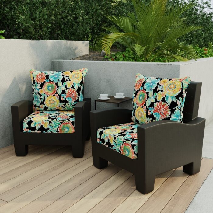 24" x 47" Black Floral Outdoor Deep Seat Chair Cushion Set