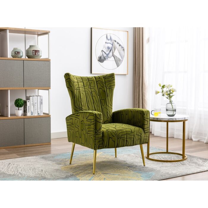 Velvet Upholstered Decorative pattern Wingback Armchair With Rose Golden Legs - Image 2
