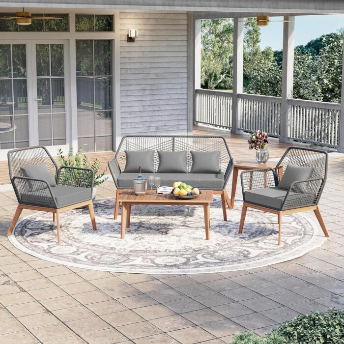 Wooden Patio Furniture Set, Outdoor Rattan Backrest Bistro Set, Rope Woven Conversation Sofa With Solid Wood Table
