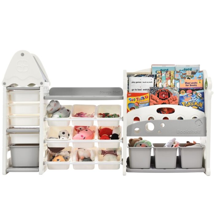 Kids Bookshelf Toy Storage Organizer with 17 Bins and 5 Bookshelves, Nursery Organizer Kids Furniture Set Toy Storage Cabinet - Image 2