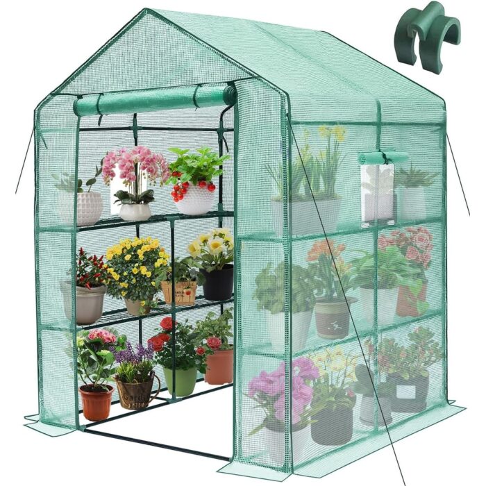 56x 56x 75"Greenhouses Durable Green House Kit with Window, Thicken PE Cover, 3 Tiers 8 Shelves, Heavy Duty Walk