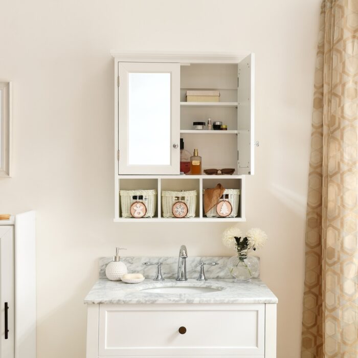 Bathroom Storage Cabinet White Wall Medicine Cabinet with Mirror, Wood Cabinet Wall Mounted with Christmas Style Storage Baskets