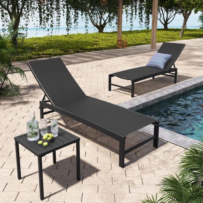 Pellebant Outdoor 3-piece Aluminum Adjustable Back Chaise Lounge with Side Table Set
