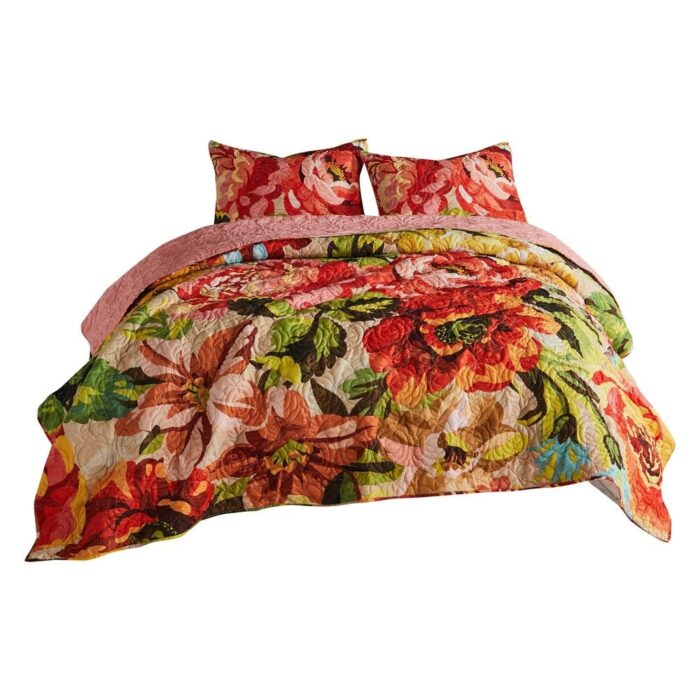 Dahl 3 Piece King Quilt Set, 2 Pillow Shams, Polyester Fill, Multicolor