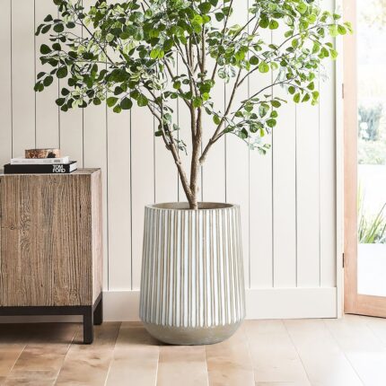 Round Brown and White Striped Indoor/Outdoor MgO Planter - Image 2