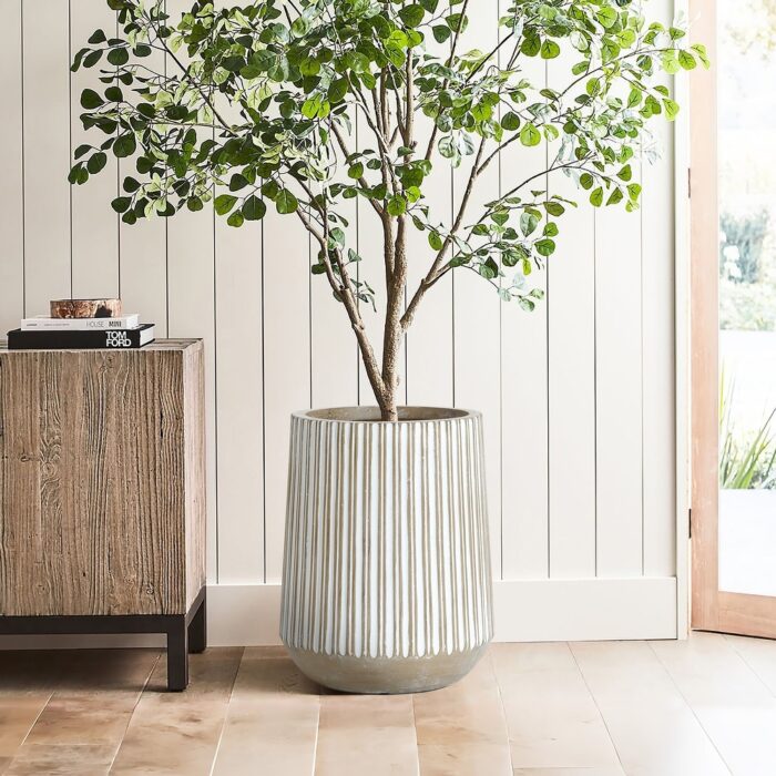 Round Brown and White Striped Indoor/Outdoor MgO Planter - Image 2