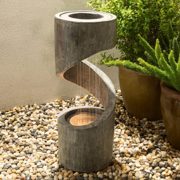 32-Inch Modern Polyresin LED Spiral Outdoor Fountain With Small Planter by Glitzhome