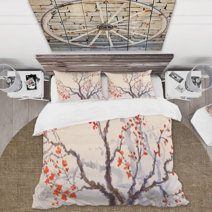 Designart 'Red Flowers & Buds On The Spring Blossoming Tree' Traditional Duvet Cover Set - Image 2