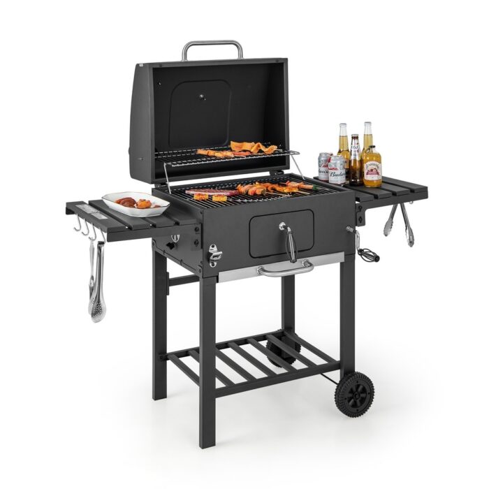 Outdoor BBQ Charcoal Grill with 2 Foldable Side Table and Wheels - 50.5" x 21" x 46"