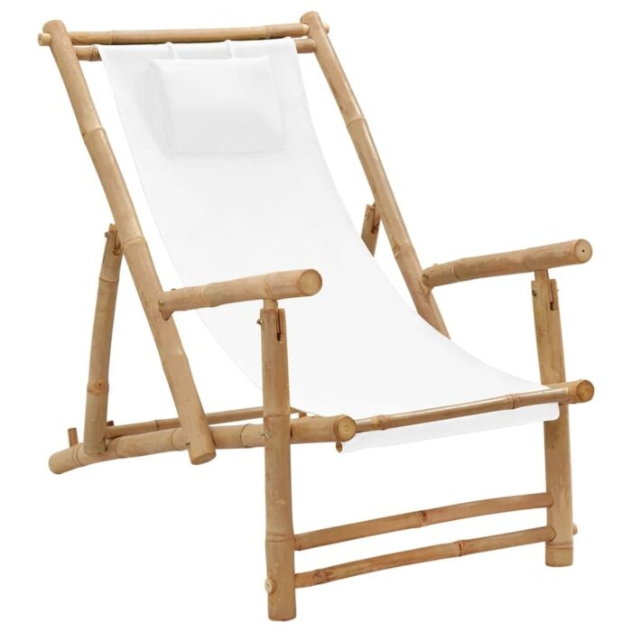 vidaXL Patio Deck Chair Sling Chair for Balcony Deck Porch Bamboo and Canvas - 23.6" x 41.7" x 35.4"